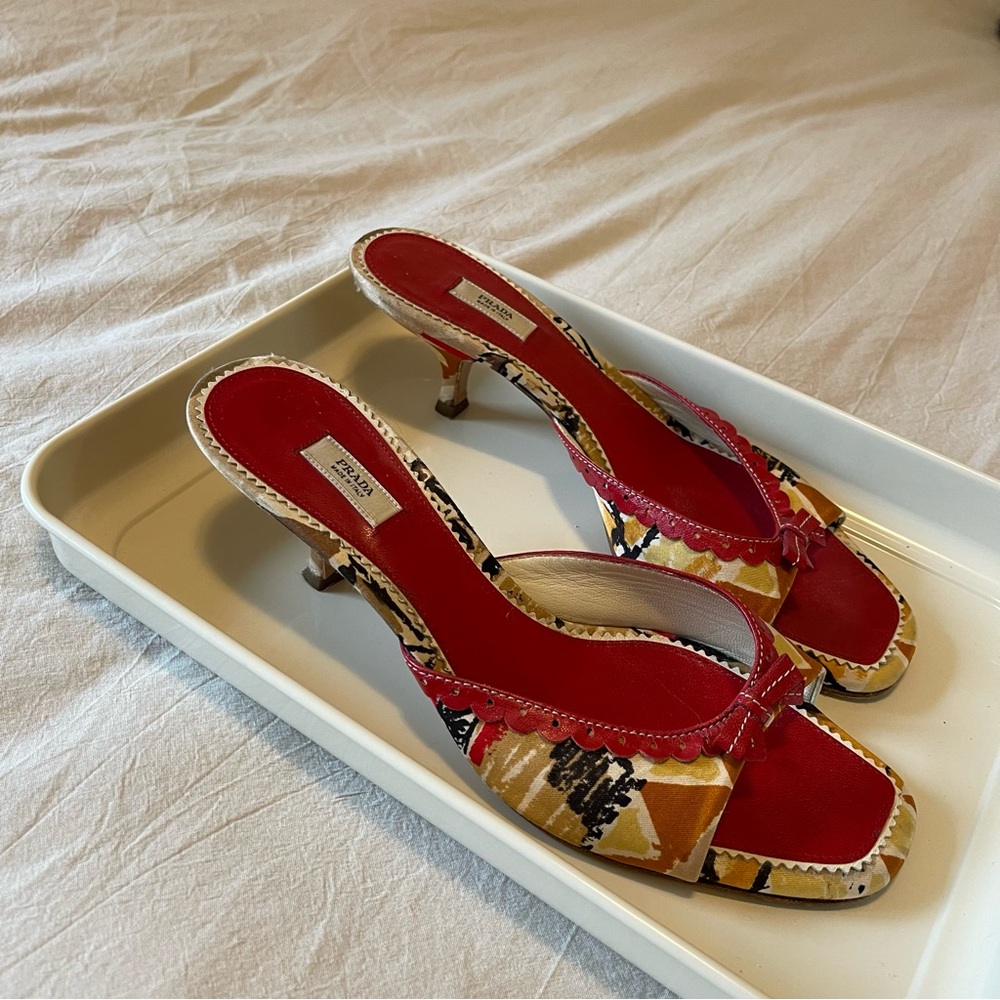 Prada Red and Yellow Heels with Unique Curved Heel